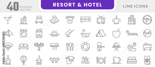 Resort Hotel line icon set. passport, suitcase, airplane, hotel, map, globe, compass, backpack, hotel building, room key, check-in counter, reception line icon set. Ui thin line icon pack.