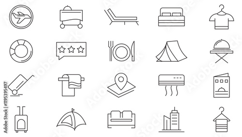 Resort Hotel line icon set. passport, suitcase, airplane, hotel, map, globe, compass, backpack, hotel building, room key, check-in counter, reception line icon set. Ui thin line icon pack.