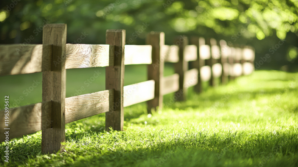 wooden fence lines lush green field, surrounded by vibrant foliage. sunlight creates warm, inviting atmosphere wooden fence lines lush green field, surrounded by vibrant foliage. sunlight creates warm, inviting atmosphere
