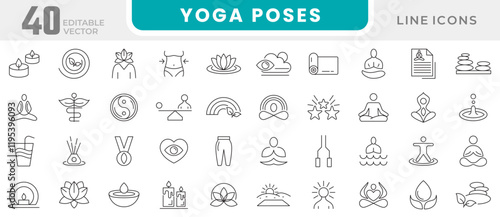 Yoga Poses line icon set. Mental relaxation, health meditate, self concentration, relax, sound, yoga, bohemian, lotus pose, balance, mental health line icon set. UI thin line icon pack.