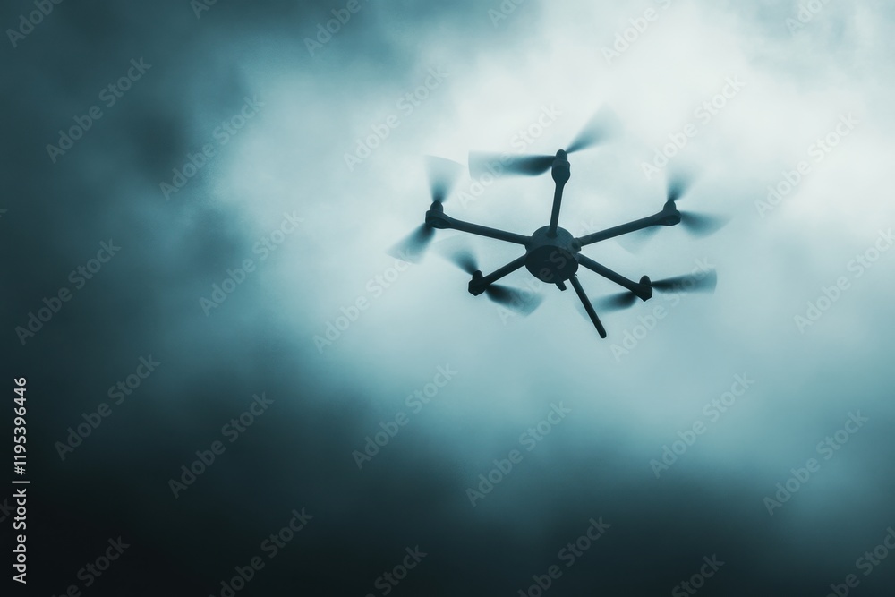 Drone flying misty sky Drone flying misty sky