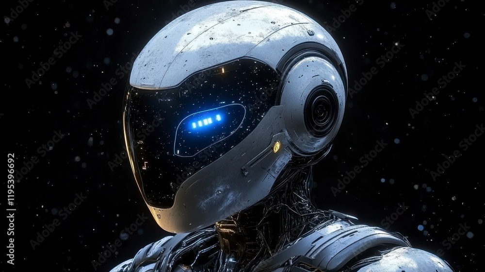 Futuristic Robot Head AI Cyborg Sci Fi Close up Metallic Glowing Eyes Space Background Futuristic Robot Head AI Cyborg Sci Fi Close up Metallic Glowing Eyes Space Background