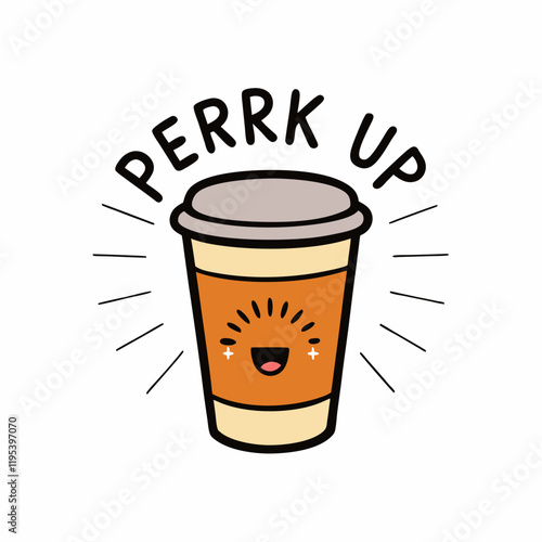 Sticker design of A to-go coffee cup with a cheerful, smiling face and the phrase 