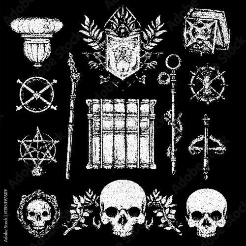 Occult symbols composition in dotwork style. Abstract mystic ele