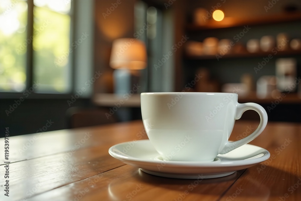 A white coffee cup on a wooden table, showcasing a cozy cafe ambiance. A white coffee cup on a wooden table, showcasing a cozy cafe ambiance.