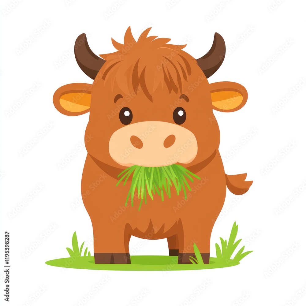 Cute Highland calf grazing pasture, farm illustration Cute Highland calf grazing pasture, farm illustration