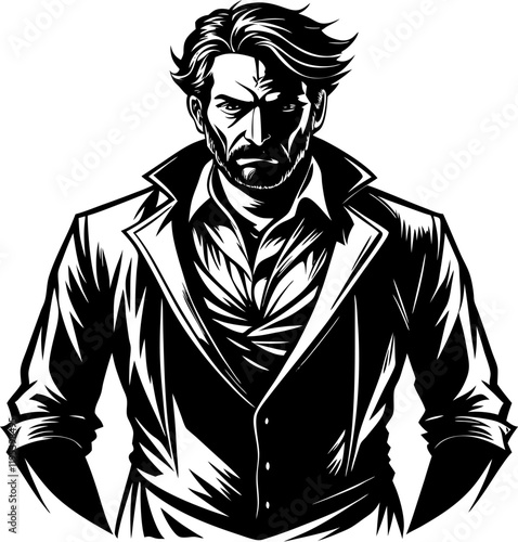 Dramatic black and white illustration of a serious man with intense expression, wearing a collared shirt in retro comics style