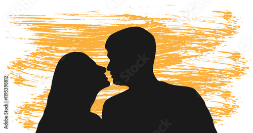 Romantic couple kissing with orange brush stroke background. Vector illustration