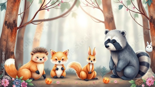 Watercolor forest animals Cartoon cute nursery baby fox hedgehog bear racoon bunny rabbit squirrel s photo