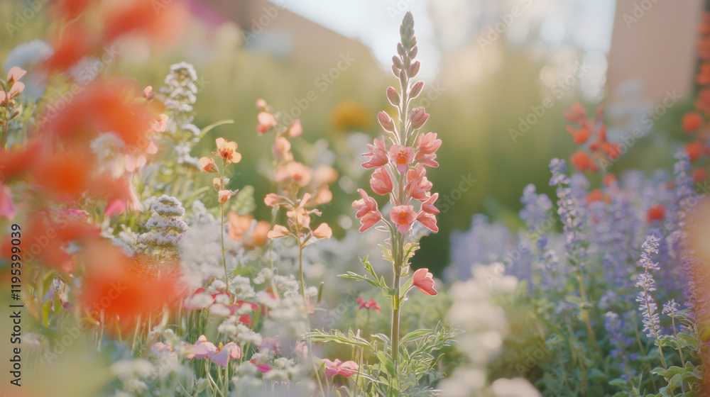 vibrant garden filled with colorful flowers, showcasing pink snapdragons and various blooms. scene evokes sense of tranquility and beauty vibrant garden filled with colorful flowers, showcasing pink snapdragons and various blooms. scene evokes sense of tranquility and beauty