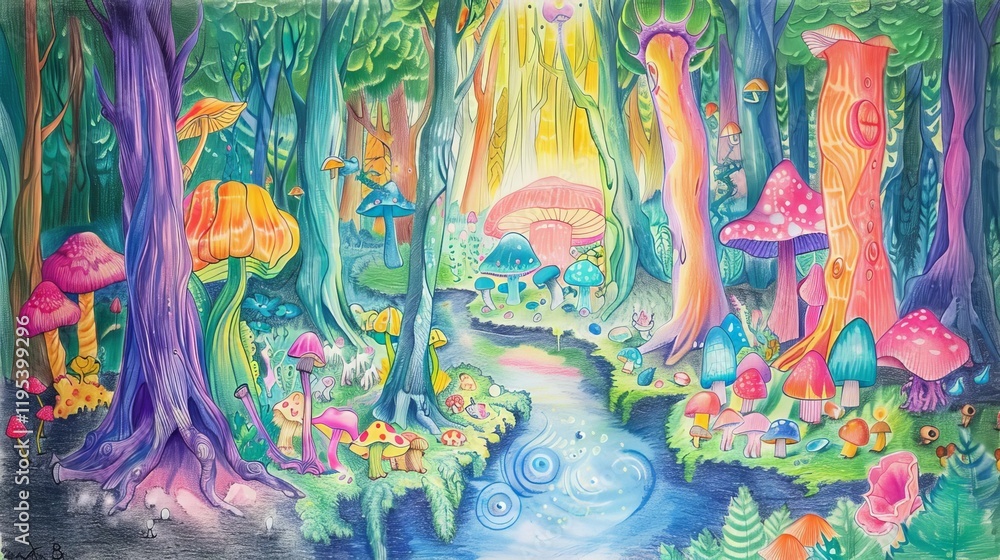 Fototapeta premium A vibrant, whimsical forest scene with colorful mushrooms and a serene stream.