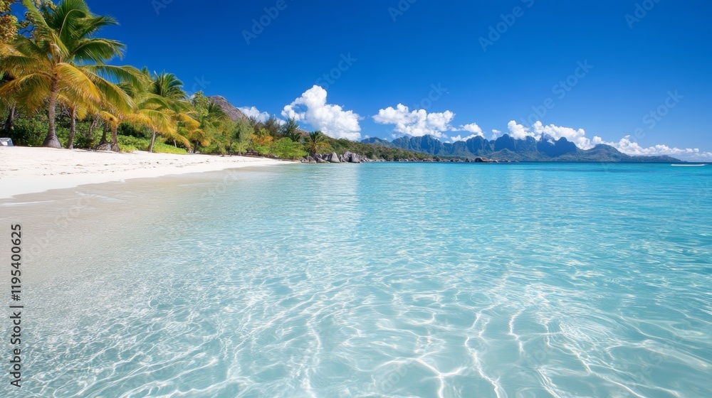 Fototapeta premium Tranquil beach scene with palm trees and crystal-clear turquoise water.