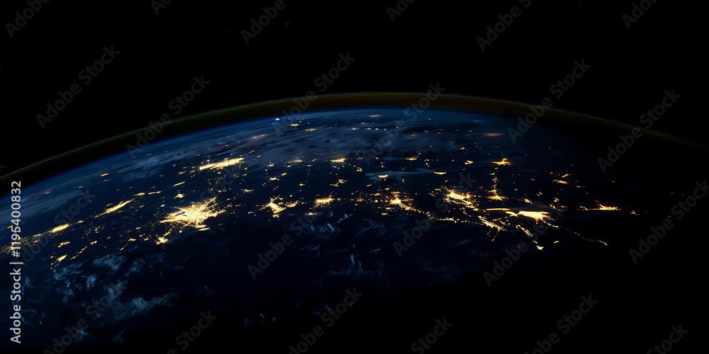 Obraz premium A view of Earth from space, showcasing illuminated cities and natural features at night.