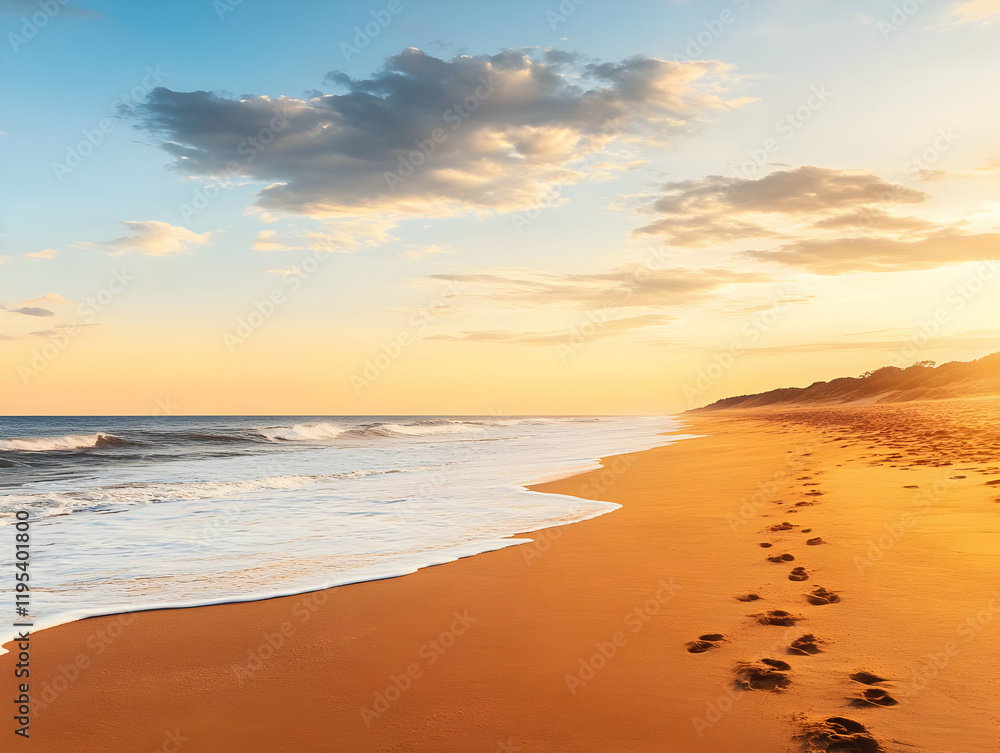 Sunset Beach Landscape Photo: Golden Sands and Ocean Waves Sunset Beach Landscape Photo: Golden Sands and Ocean Waves