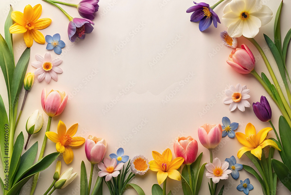 Floral border with tulips and daisies on beige background Floral border with tulips and daisies on beige background