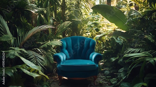 A blue velvety armchair in the focal point of a lush jungle photo