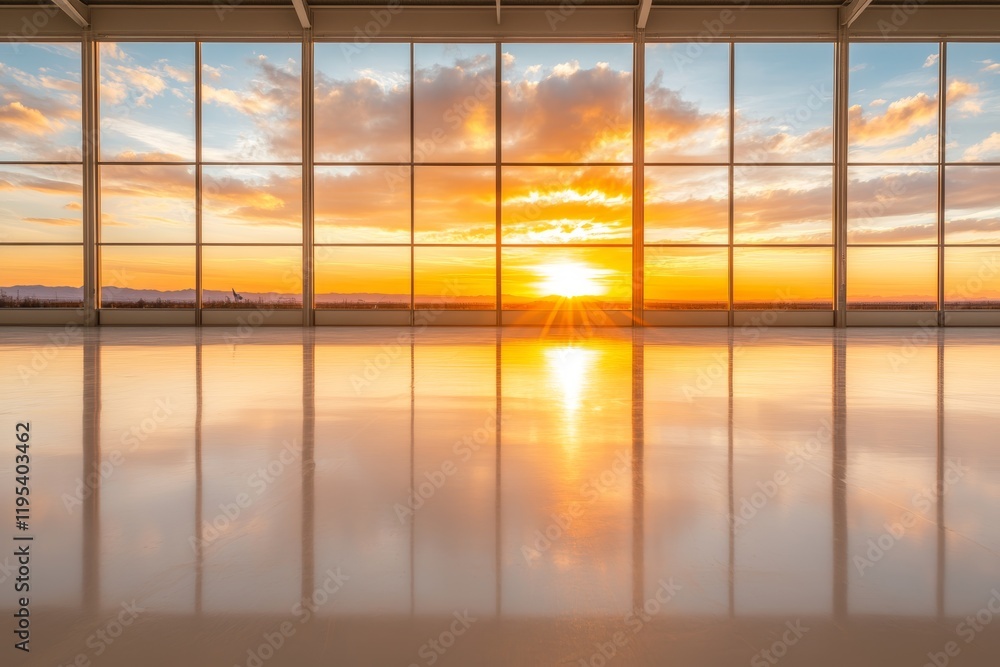 Fototapeta premium Golden hour sunset view through expansive windows in a modern building. The scene is serene and peaceful.