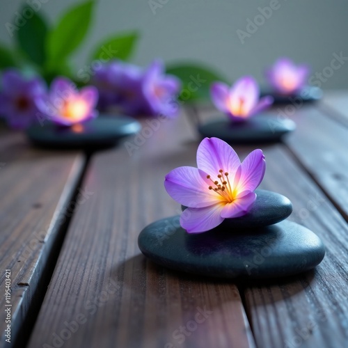 Beautiful purple flowers placed on smooth stones, creating a serene ambiance.