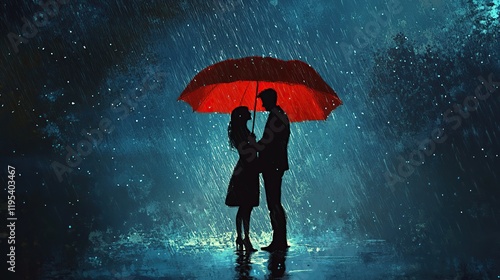 A couple in the pouring rain with a red umbrella
