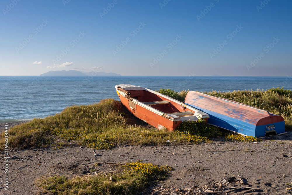 Boats on the beach and Aeolian islands, Sicily, Italy Boats on the beach and Aeolian islands, Sicily, Italy