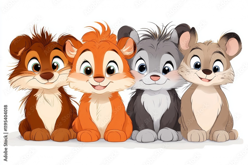 Adorable group of cartoon baby animals. A brown bear cub, an orange squirrel, a grey kitty, and a tan mouse. Adorable group of cartoon baby animals. A brown bear cub, an orange squirrel, a grey kitty, and a tan mouse.