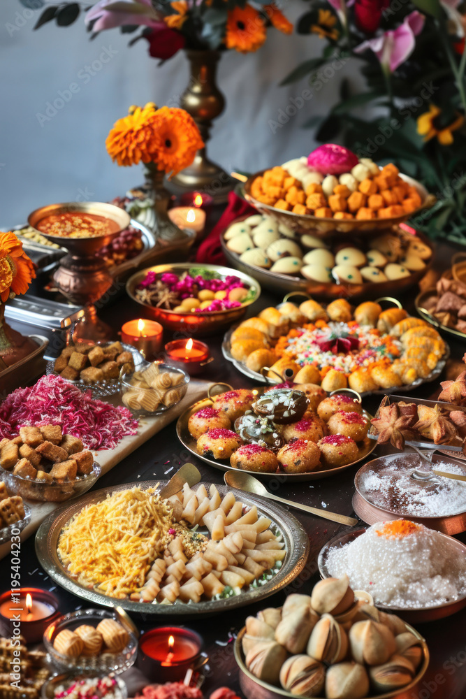 A festive table filled with Indian sweets like laddoos, jalebi, and barfi, surrounded by decorations A festive table filled with Indian sweets like laddoos, jalebi, and barfi, surrounded by decorations