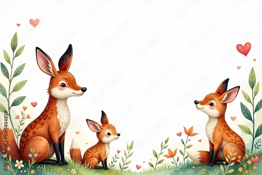 Fototapeta premium Charming illustration of three foxes surrounded by flowers and hearts in a natural setting.