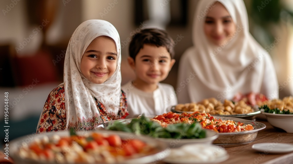 Muslim Family Sharing A Meal Together At Home Muslim Family Sharing A Meal Together At Home