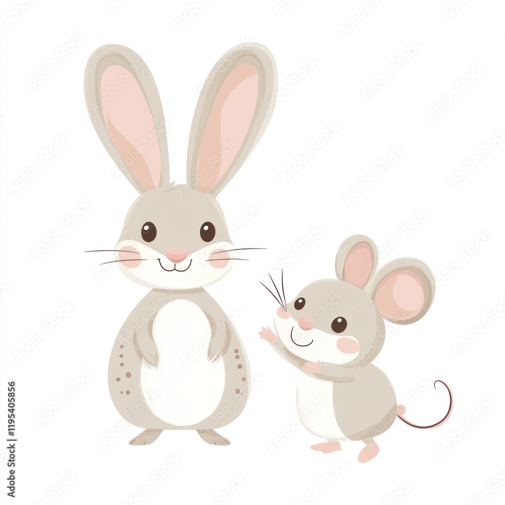 Fototapeta premium Cute rabbit and mouse illustration, white background, children's book, greeting card