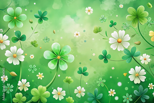Green clover field with daisies and spring blossoms