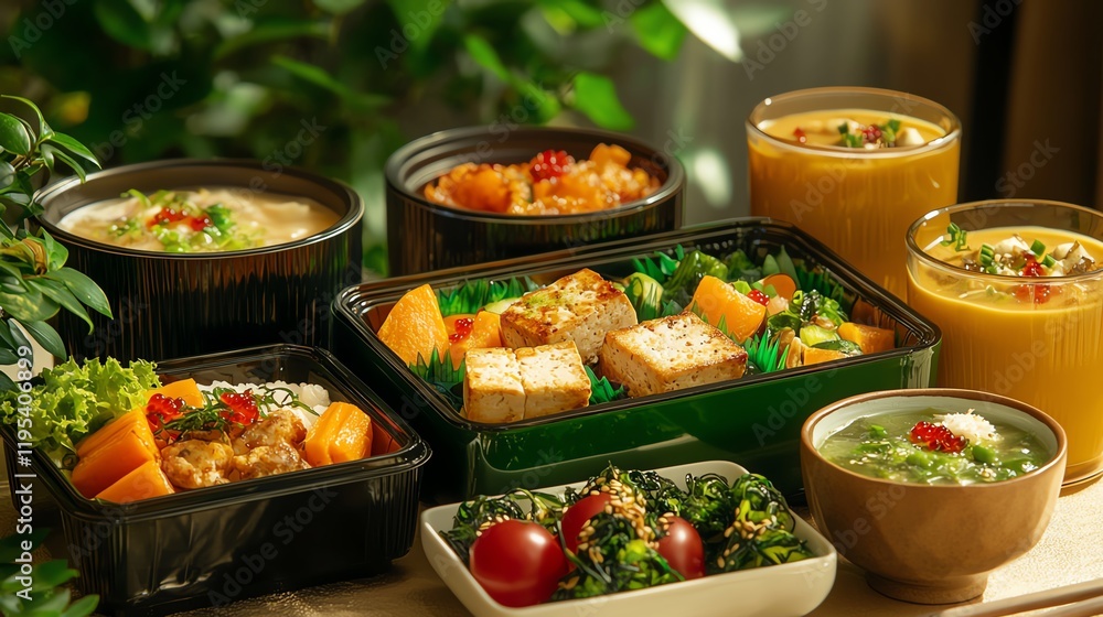 An assortment of delicious and healthy meals in stylish containers. An assortment of delicious and healthy meals in stylish containers.
