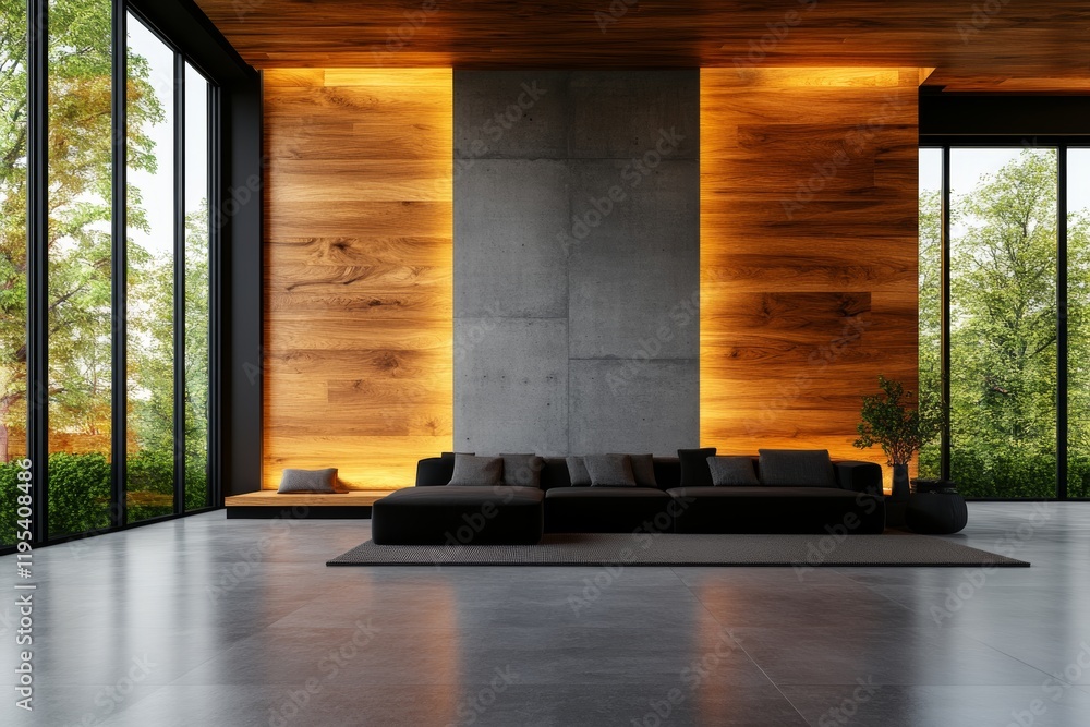 Fototapeta premium Modern living room with a sleek sectional sofa, warm wood, and concrete accents. Large windows offer a view of lush greenery.