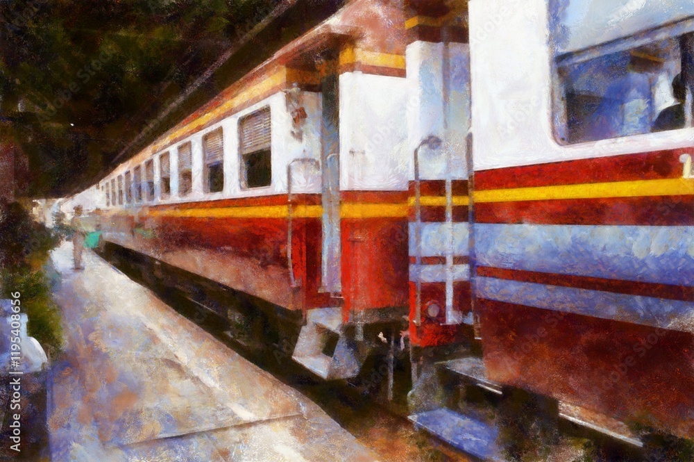 Thai trains at the train station Chalk paint Illustrations creates art style impressionism of painting.