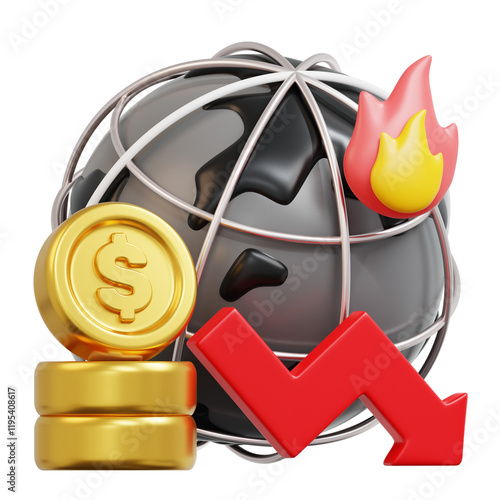Принти на полотні 3d Global economic decline symbolized by a globe, falling coins, downward arrow, and fire