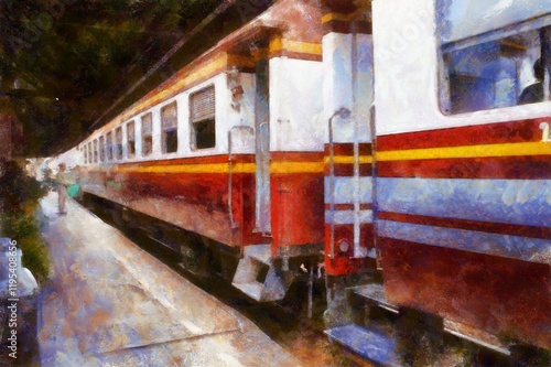 Obraz na płótnie Thai trains at the train station Chalk paint Illustrations creates art style impressionism of painting. w salonie