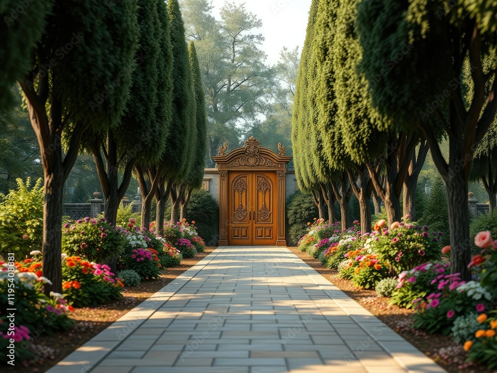 Obraz premium A beautiful garden path lined with a row of ornate wooden doors flanked by tall trees and vibrant flowers, door, pathway