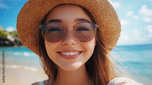 closeup shot of a good looking female tourist. Enjoy free time outdoors near the sea on the beach. Looking at the camera while relaxing on a clear day Poses for travel selfies smiling happy tropical #1195408851