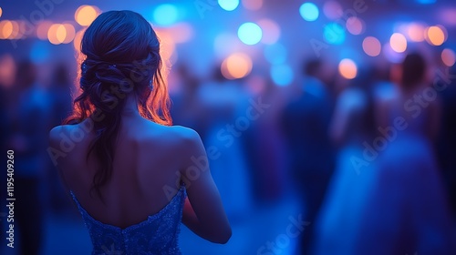 Woman at prom, back view, colorful lights.