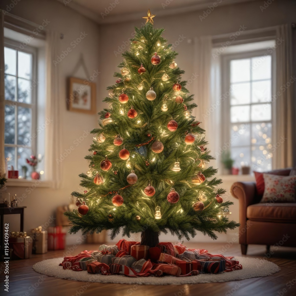 A beautifully decorated Christmas tree with twinkling lights and ornaments, winter wonderland, Christmas tree decor A beautifully decorated Christmas tree with twinkling lights and ornaments, winter wonderland, Christmas tree decor