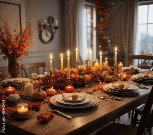 A beautifully decorated dining table with autumnal centerpieces and candles, comforting food, cozy atmosphere photo