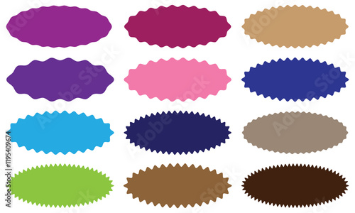 Zigzag edge rounded rectangle shapes. A group of 12 rectangular shapes with round corners, jagged outside edges and varying degrees of thickness.