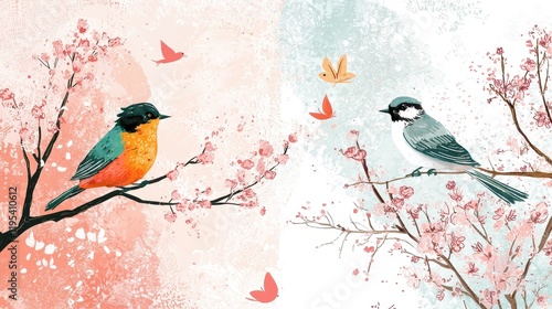 Spring Nature Illustrations with Blossoming Trees and Birds photo