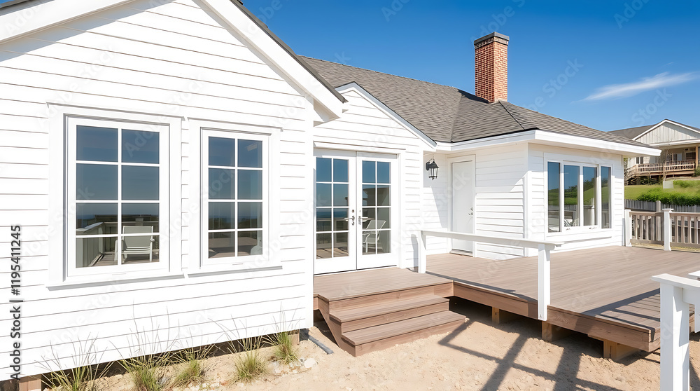 Stunning White Modern Beach House Exterior with Deck and Ocean View Stunning White Modern Beach House Exterior with Deck and Ocean View