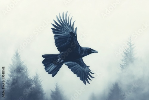 Raven flying misty treetops photo