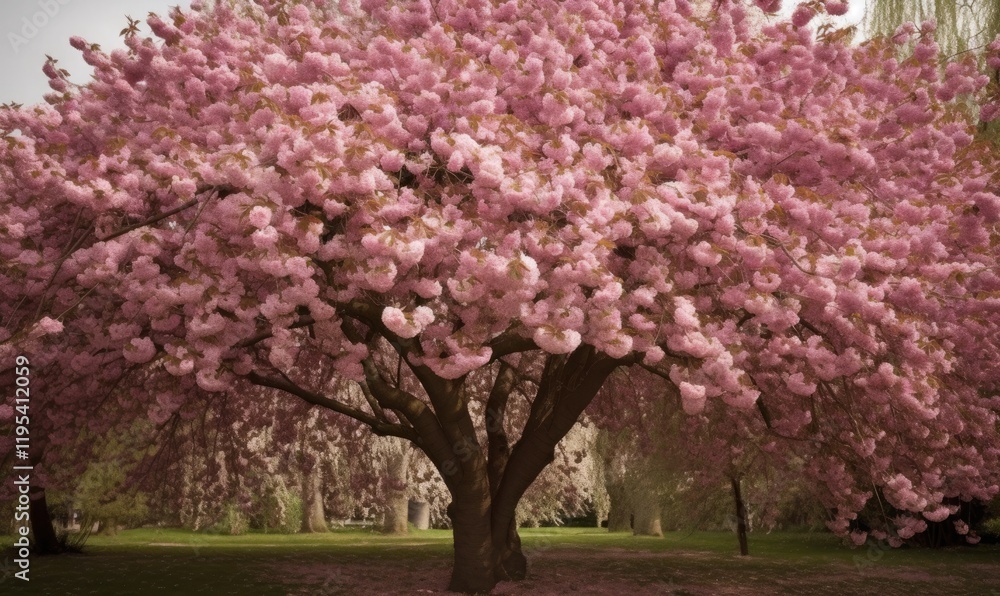 Obraz premium Cherry tree in full bloom with lots of pink blossoms ideal for backgrounds