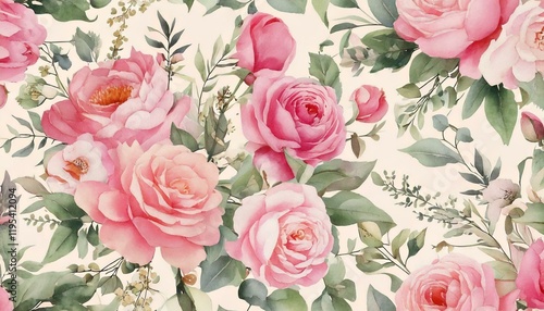 Creative floral arrangement with roses and leaves in a seamless pattern