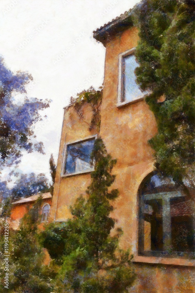Landscape of Italian architecture buildings Tuscan architecture Chalk paint Illustrations creates art style impressionism of painting. Landscape of Italian architecture buildings Tuscan architecture Chalk paint Illustrations creates art style impressionism of painting.