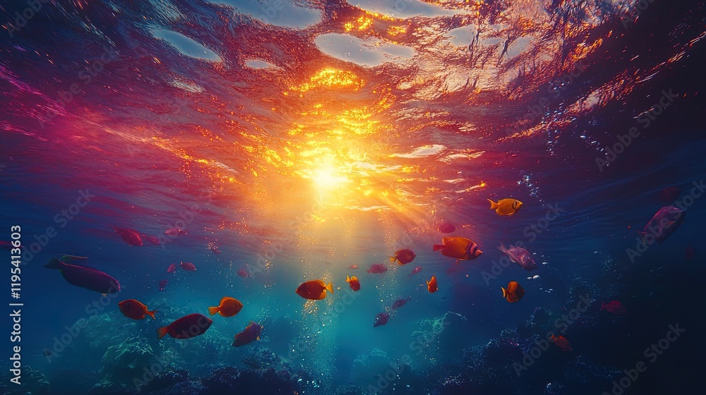 Obraz premium A stunning underwater sunset view with colorful fish swimming against a backdrop of radiant colors, highlighting the beauty of ocean life 