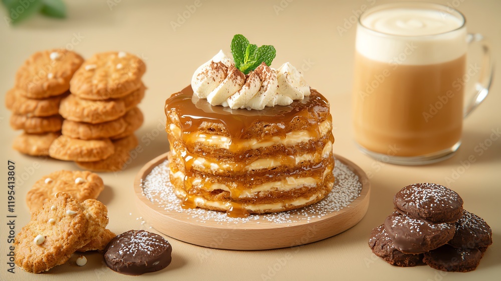 Delicious pancakes with caramel, accompanied by cookies and a latte on a wooden plate. Delicious pancakes with caramel, accompanied by cookies and a latte on a wooden plate.