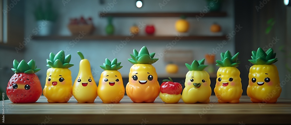 Obraz premium Cute fruit and vegetable toys on kitchen counter.